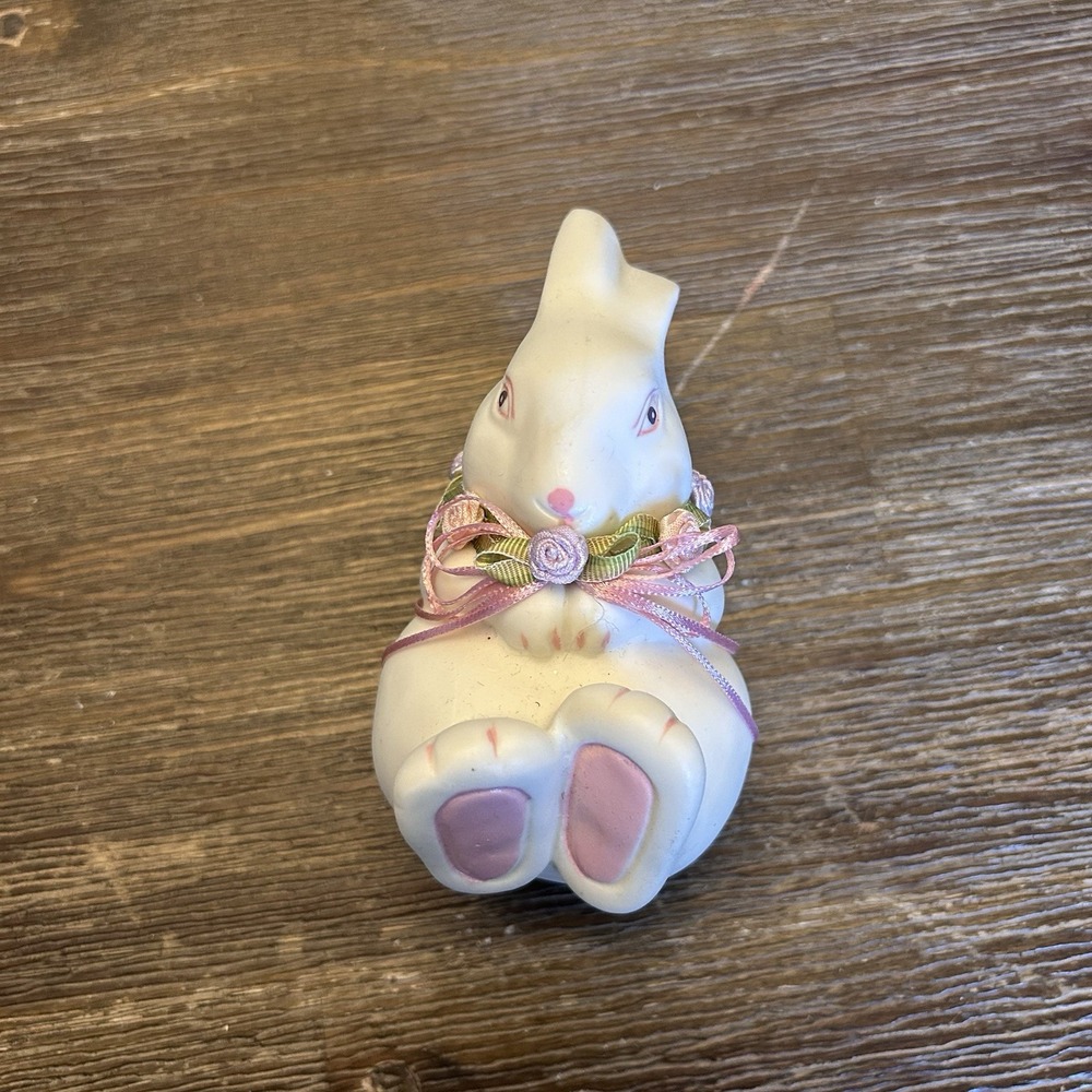 Dept 56 Vintage White Rabbit with Fabric Rose Garland and Pink Bow